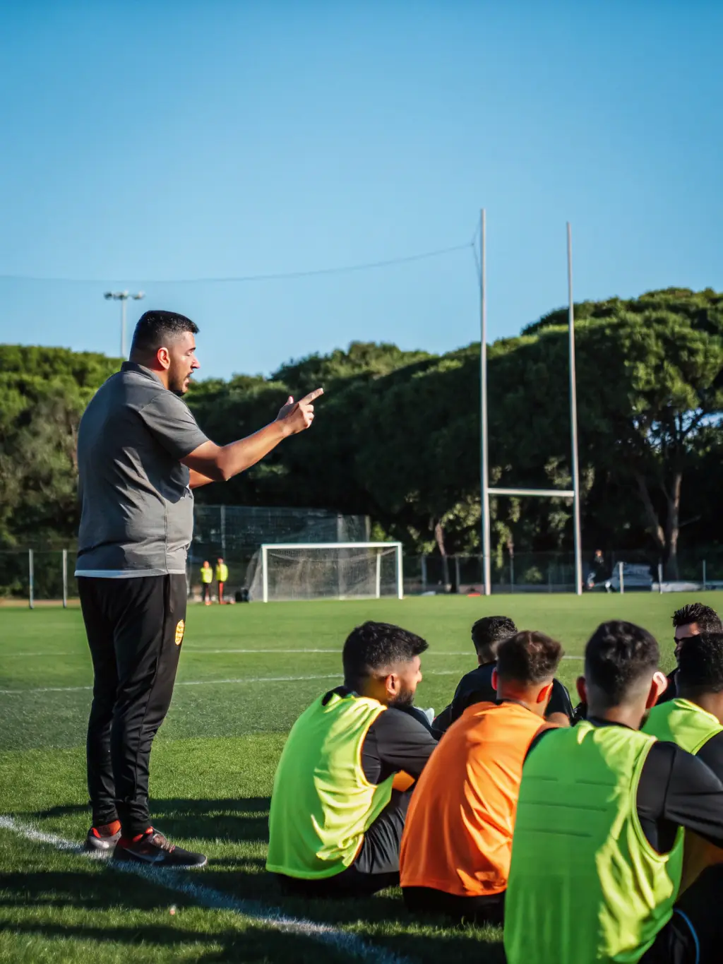 An inspiring image of a coach leading a workshop on sportsmanship and fair play, with young players actively engaged in the discussion.