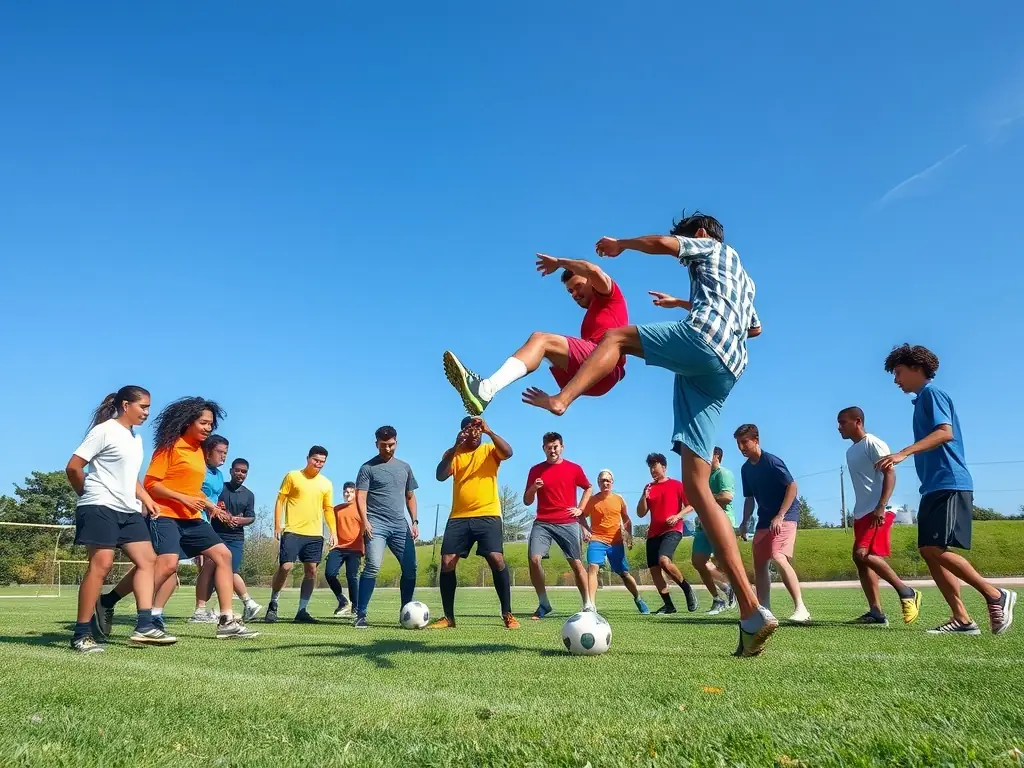 A diverse group of people participating in a community football tournament, highlighting the organization's commitment to social inclusion.