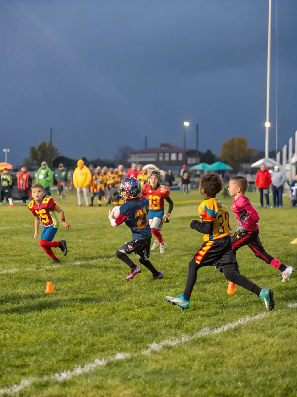 A dynamic photograph capturing the excitement of a community football tournament, with local teams competing and spectators cheering from the sidelines.
