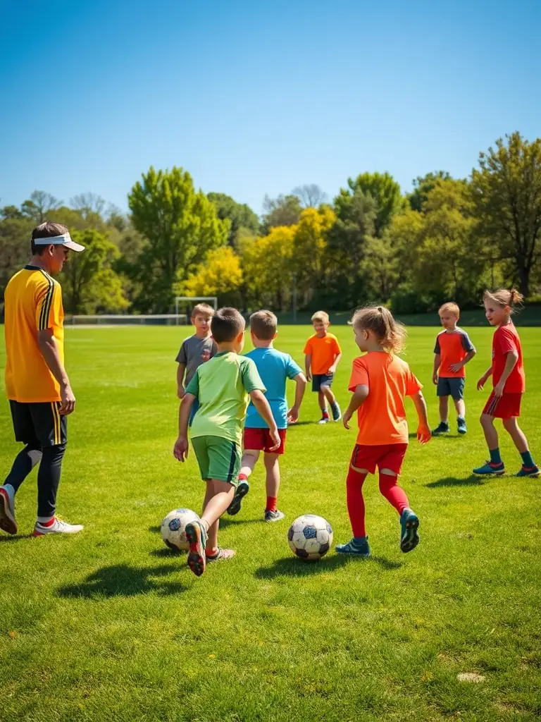 A vibrant image of young football players participating in a training session, showcasing their enthusiasm and dedication to the sport. The background includes supportive coaches and well-maintained football fields.