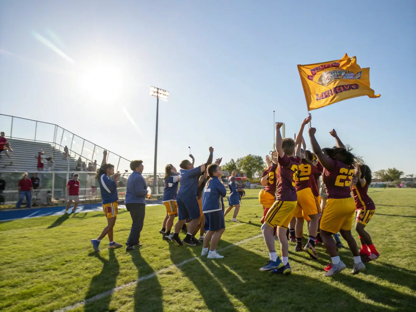 A group of young football players celebrating a victory, showcasing the positive impact of youth development programs.