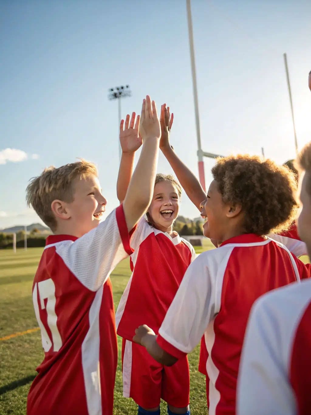 A group of diverse children in football uniforms, smiling and celebrating together after a game, symbolizing inclusivity and teamwork.