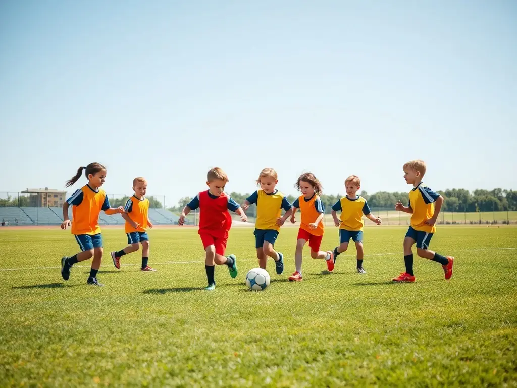 A vibrant image depicting young football players participating in a training session, showcasing teamwork and skill development under the guidance of experienced coaches.