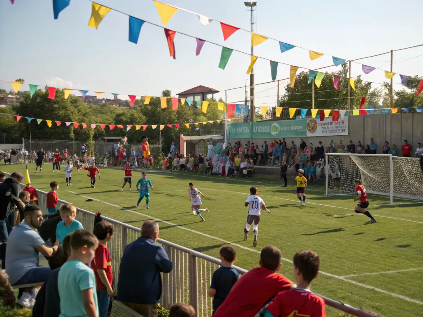 A dynamic image capturing the excitement of a community football tournament, with diverse participants and enthusiastic spectators.