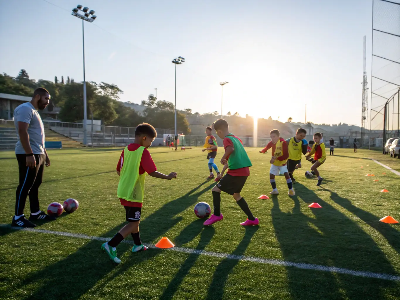 A vibrant image of young players in training, with coaches providing guidance on the field, showcasing the Youth Development Programs of LIGUE FOOTBALL DU CENTRE OUEST.